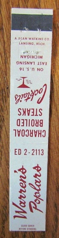 Warrens Poplars (Grapevine Restaurant) - Old Matchbook